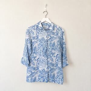 iLinen Blue White Floral Linen Button Down Shirt Small Coastal Lagenlook